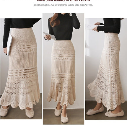 Women's Stretched High Waist Hollow Out Knit Flowy Lace Maxi Skirt