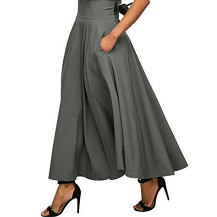 Women's Elastic High Waist Tie Knot Back A-Line Long Skirt