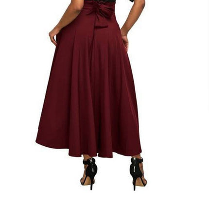 Women's Elastic High Waist Tie Knot Back A-Line Long Skirt