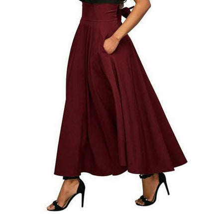 Women's Elastic High Waist Tie Knot Back A-Line Long Skirt