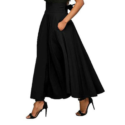 Women's Elastic High Waist Tie Knot Back A-Line Long Skirt
