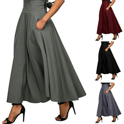 Women's Elastic High Waist Tie Knot Back A-Line Long Skirt