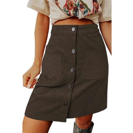 Women's High Waist Corduroy A-line Slim fit Button Casual Mini Skirt