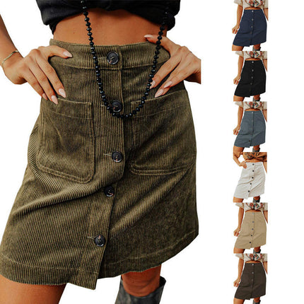 Women's High Waist Corduroy A-line Slim fit Button Casual Mini Skirt