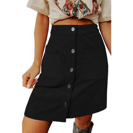 Women's High Waist Corduroy A-line Slim fit Button Casual Mini Skirt