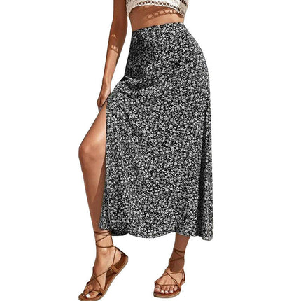Women's Boho Floral High Waist Split A Line Midi Skirt