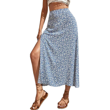 Women's Boho Floral High Waist Split A Line Midi Skirt