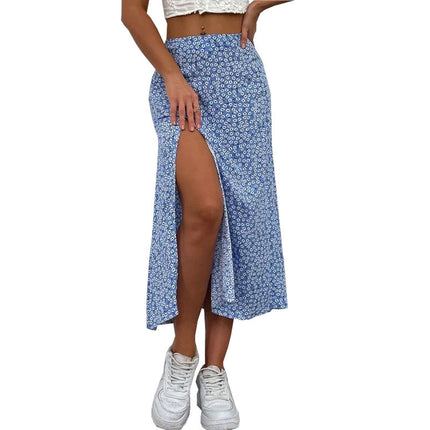 Women's Boho Floral High Waist Split A Line Midi Skirt