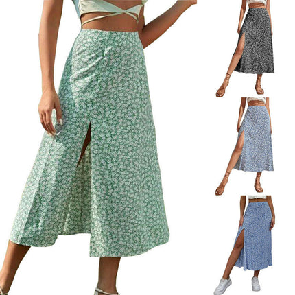 Women's Boho Floral High Waist Split A Line Midi Skirt