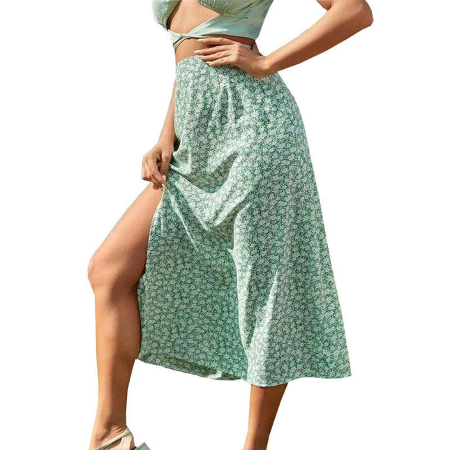 Women's Boho Floral High Waist Split A Line Midi Skirt