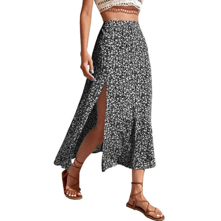 Women's Boho Floral High Waist Split A Line Midi Skirt
