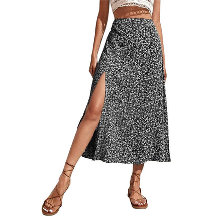 Women's Boho Floral High Waist Split A Line Midi Skirt