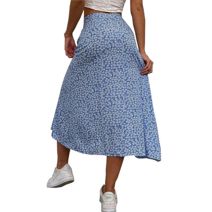 Women's Boho Floral High Waist Split A Line Midi Skirt