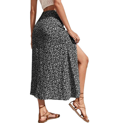 Women's Boho Floral High Waist Split A Line Midi Skirt