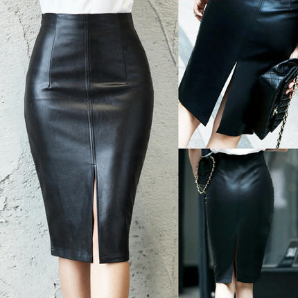 Women's Faux Leather Pencil Skirt High Waist Split Midi Skirt
