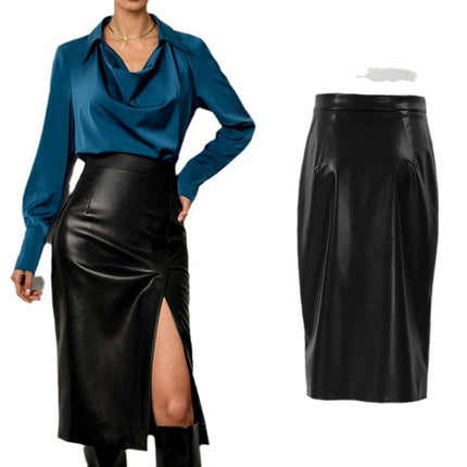 Women's High Waist Split Thigh Pu Leather Stretch Midi Skirt