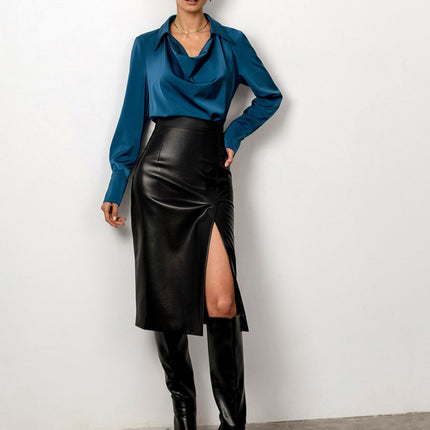 Women's High Waist Split Thigh Pu Leather Stretch Midi Skirt