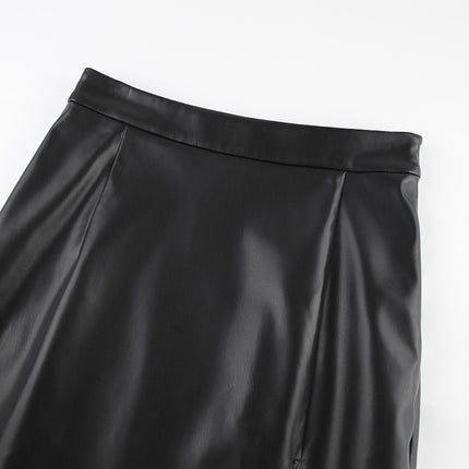 Women's High Waist Split Thigh Pu Leather Stretch Midi Skirt