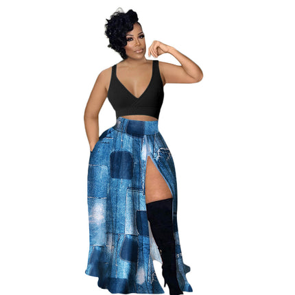 Women's Casual Print Side Split High Waist Zipper Maxi Skirt