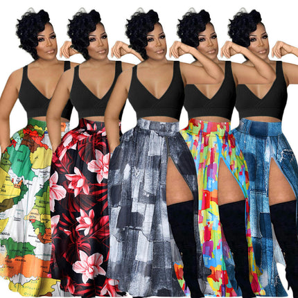 Women's Casual Print Side Split High Waist Zipper Maxi Skirt