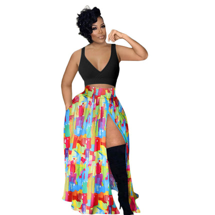 Women's Casual Print Side Split High Waist Zipper Maxi Skirt