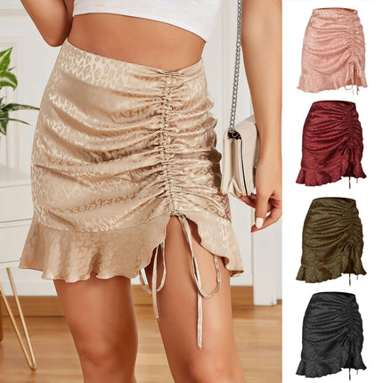 Women's Ruched High Waist Drawstring Ruffle Hem Short Mini Skirt