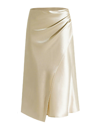 Women's Satin Solid High Waisted Ruched Split Midi Skirt