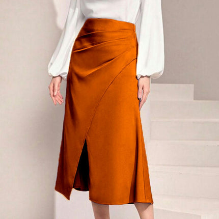 Women's Satin Solid High Waisted Ruched Split Midi Skirt