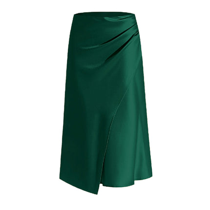 Women's Satin Solid High Waisted Ruched Split Midi Skirt