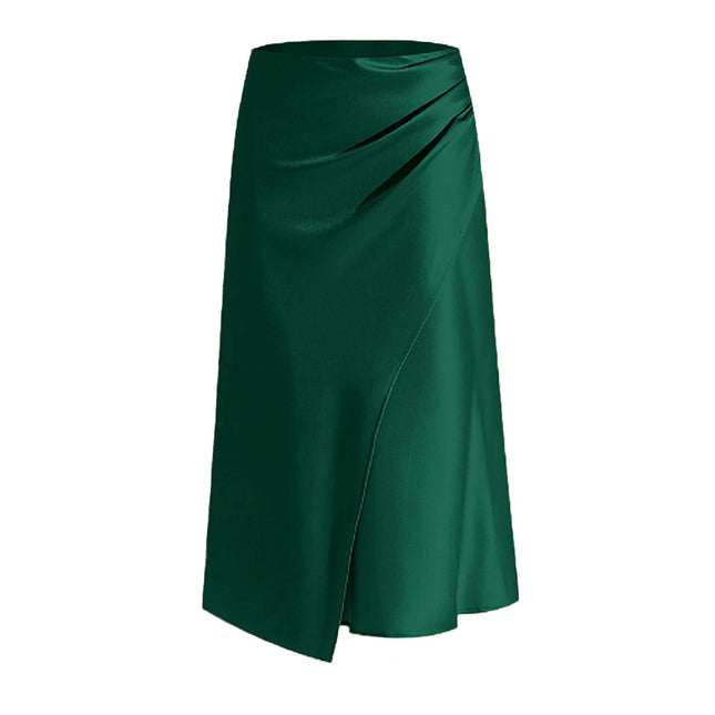 Women's Satin Solid High Waisted Ruched Split Midi Skirt