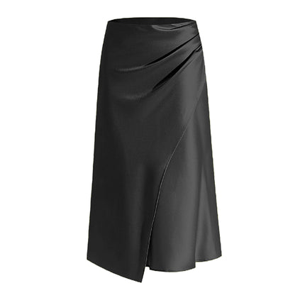 Women's Satin Solid High Waisted Ruched Split Midi Skirt