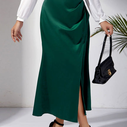 Women's Satin Solid High Waisted Ruched Split Midi Skirt