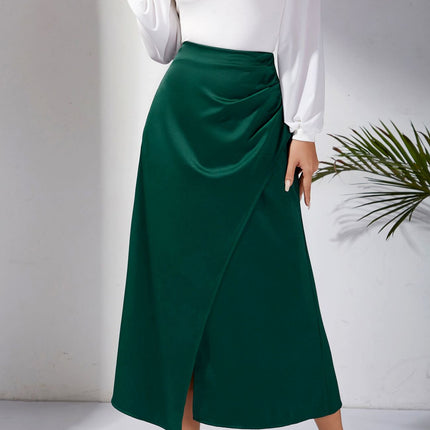 Women's Satin Solid High Waisted Ruched Split Midi Skirt
