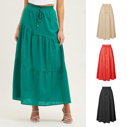 Women's cotton and linen pleated ruffle hem long skirt