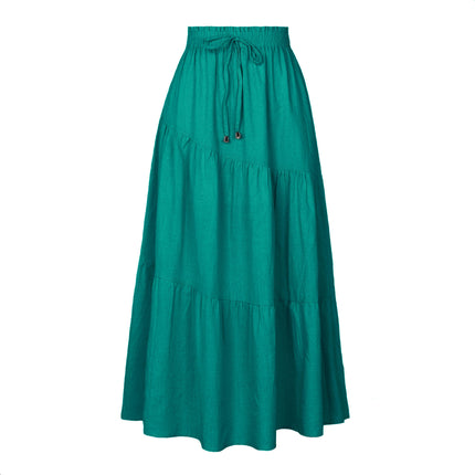 Women's cotton and linen pleated ruffle hem long skirt