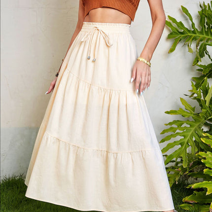 Women's cotton and linen pleated ruffle hem long skirt
