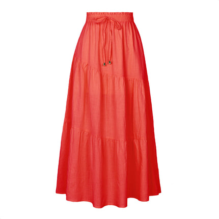 Women's cotton and linen pleated ruffle hem long skirt