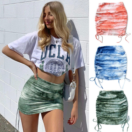 Women's High Waist Ribbed Side Drawstring Stretchy Mini Short Skirt