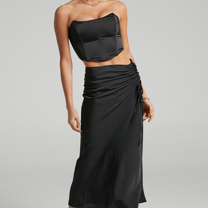 Women's Ruched Drawstring High Waist Satin Midi Skirt