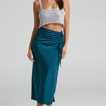 Women's Ruched Drawstring High Waist Satin Midi Skirt