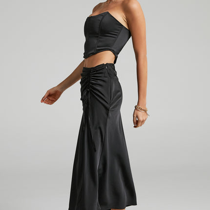 Women's Ruched Drawstring High Waist Satin Midi Skirt