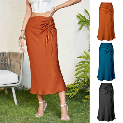 Women's Ruched Drawstring High Waist Satin Midi Skirt