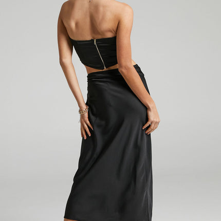 Women's Ruched Drawstring High Waist Satin Midi Skirt