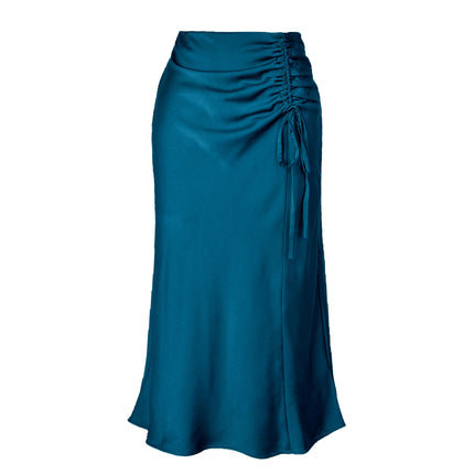 Women's Ruched Drawstring High Waist Satin Midi Skirt