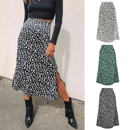 Women's Print Side Split High Waist Zipper Midi Skirt