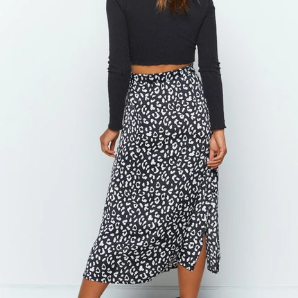 Women's Print Side Split High Waist Zipper Midi Skirt