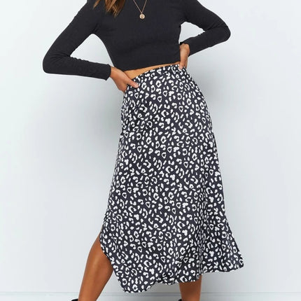 Women's Print Side Split High Waist Zipper Midi Skirt