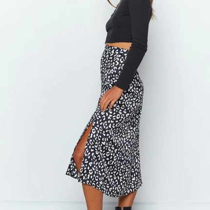 Women's Print Side Split High Waist Zipper Midi Skirt