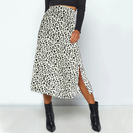 Women's Print Side Split High Waist Zipper Midi Skirt