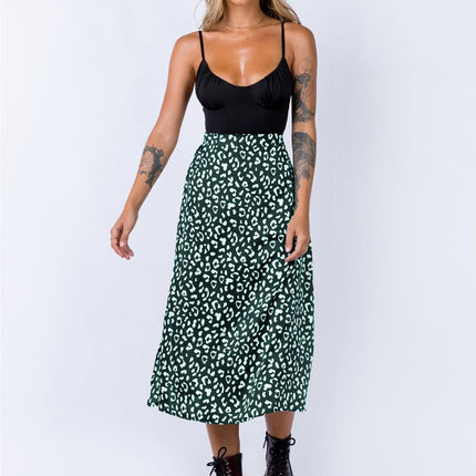 Women's Print Side Split High Waist Zipper Midi Skirt